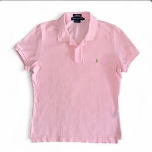 Vintage Ralph Lauren Womens Pink Short Sleeve Cotton Skinny Polo Large Pony Logo